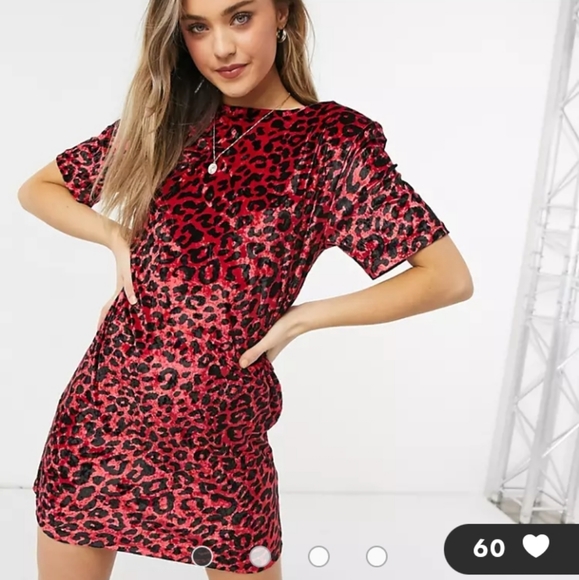 ASOS DESIGN Red Velvet Leopard Mini Easy-Wear T-Shirt Dress - NEW! - Picture 9 of 11